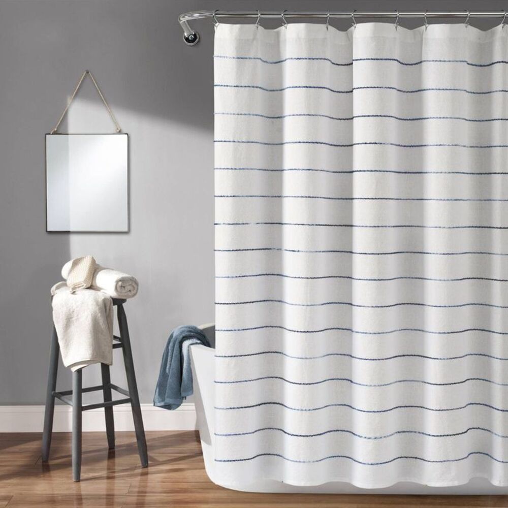 Lush Decor - Ombre Striped Yarn Dyed Cotton Shower Curtain Whit White/Navy
